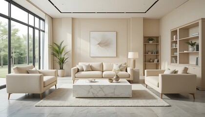 Elegant Beige Living Room Interior Design with Modern Sofa, Marble Coffee Table, and Bookcases