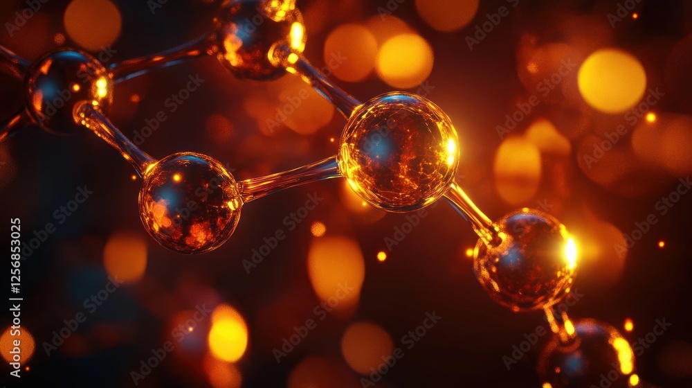 Poster hyper-realistic molecular structure illustration with glowing edges and deep red background