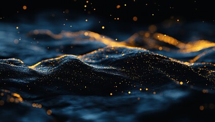 Glowing Particle Waves: Abstract Dark Blue and Gold 3D Render, Shimmering Digital Landscape, Dynamic Glittering Texture, Night Sky