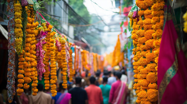 Kolkata city streets filled with marigold flower decorations and colorful cloths hung along the road during Poila Boishakh, Ai generated images