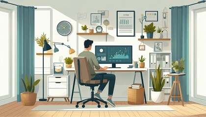 Fototapeta premium Data analysis session home office digital workspace modern environment rear view productivity