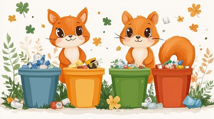 Two cartoon squirrels sorting trash into colorful bins surrounded by flowers and greenery