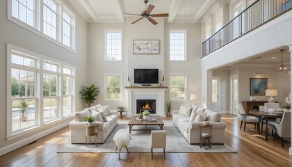 Luxury Two-Story Living Room with Fireplace and High Ceilings, Spacious Interior Design
