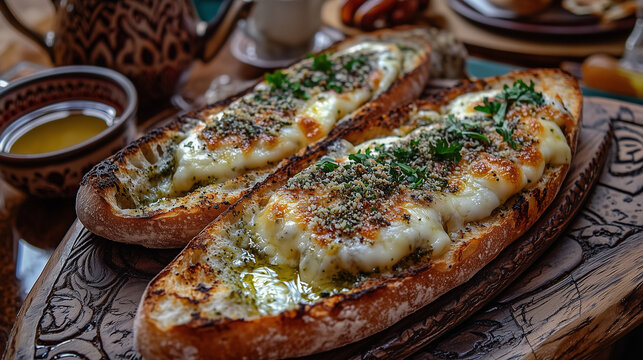 Manakish bread topped with za'atar and grilled cheese, fresh out of the traditional stone oven, the cheese is melted with a golden color, Ai generated images