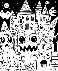 Create a black and white coloring page for kids cartoon style playful Halloween illustration for children aged 45 depicting funny monsters with big eyes and fu