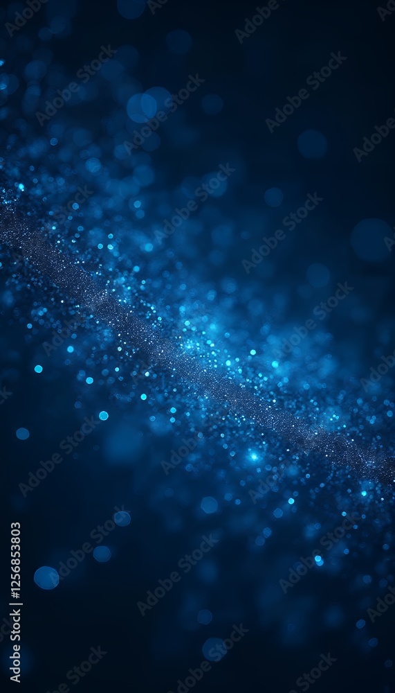 Poster abstract blue background with sparkling elements and glittery bokeh in dark settings