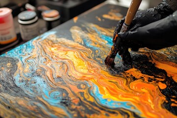 Fototapeta premium Artist Creates Abstract Fluid Painting With Brush