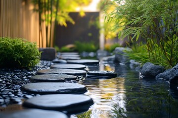 Serene Zen Garden Path Stone Stepping Stones Water Feature Tranquil Landscape