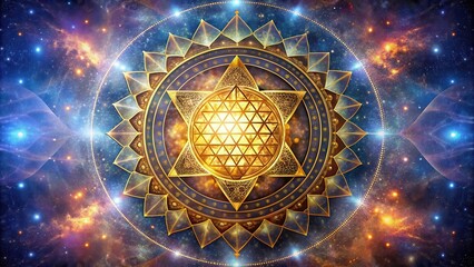 Sacred Sri Yantra galaxy center swirls with cosmic energy, a vortex of golden triangles and lotus petals amidst starry night sky , yantra design, mandala shapes