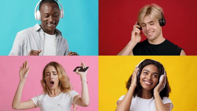 Four individuals share joyful moments while listening to music, each in their own colorful background, showcasing the unity and happiness music brings, regardless of distance.