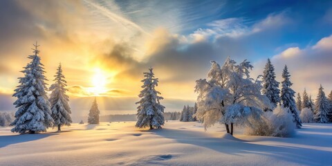 Snow-covered trees in the frozen tundra with a faint sun peeking through the clouds, cold weather, frosty atmosphere