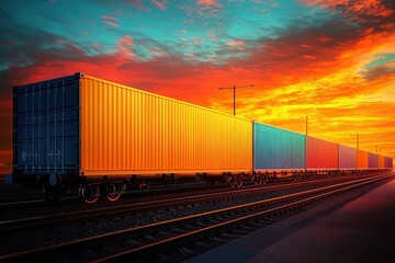 Obraz premium Vibrant Sunset Freight Train with Colorful Containers Against Dramatic Sky