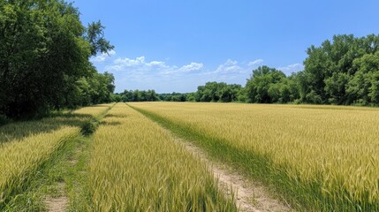 Fototapeta premium Expansive Golden Field Under a Bright Blue Sky