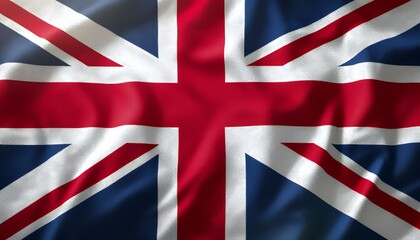 Fototapeta premium Abstract of United Kingdom flag with red and blue colors on a textured silk background representing the Union Jack under soft focus the background of the flag on the right or left edge, and a central