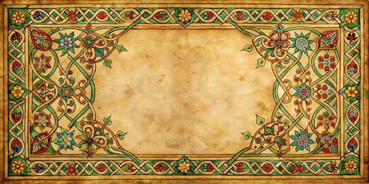 Ancient manuscript page with detailed medieval border illustration featuring intertwining floral patterns and ornate geometric shapes, geometric shapes, medieval border