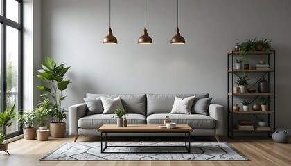 Modern living room interior design with grey sofa, wooden coffee table, and plants