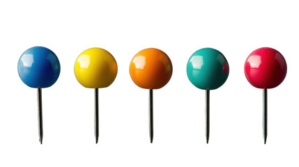 Five colorful pushpins on transparent background