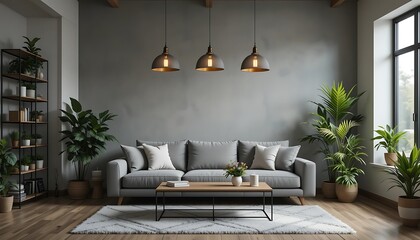 Modern living room interior design with gray sofa, wooden coffee table, plants, and three pendant lights