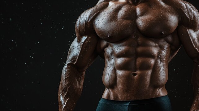 Muscular bodybuilder posing under raining water showing sixpack abs