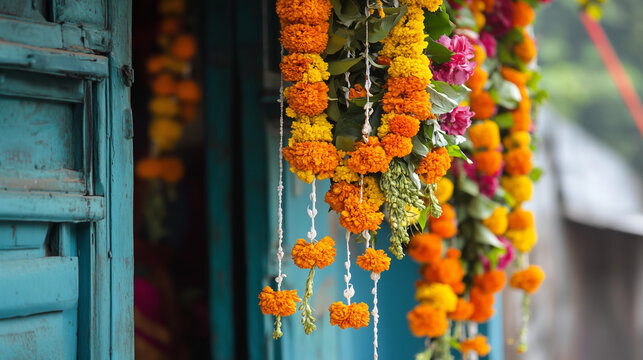 Poila Boishakh, Colorful floral decoration adorns the entrance of a traditional Bengali house during Poila Boishakh celebration, garlands of marigolds and carnations hanging beautifully on the door