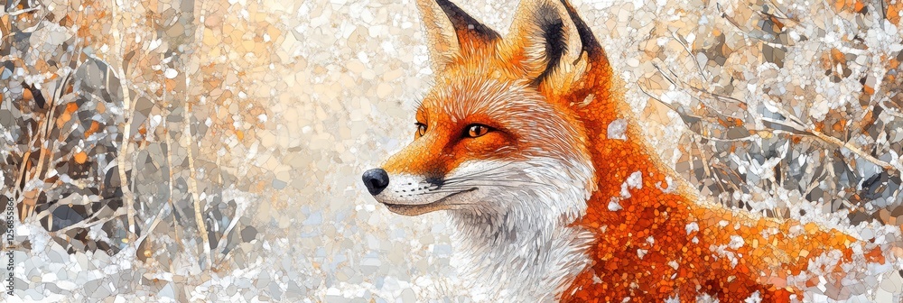 Poster mosaic fox portrait surrounded by intricate patterns and a snowy forest backdrop during the serene w