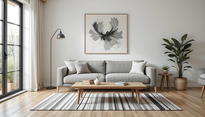 Modern Minimalist Living Room Interior Design with Gray Sofa and Abstract Art