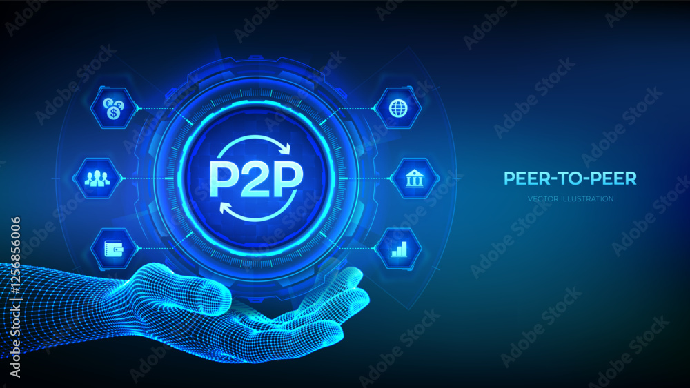 Poster peer to peer icon in wireframe hand. p2p payment and online model for support or transfer money. pee