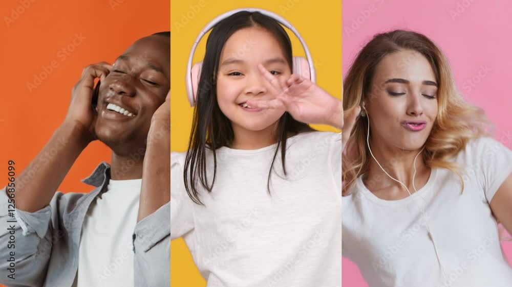 Poster Three individuals express joy while listening to music through headphones. They have vibrant backgrounds and display playful and lively emotions, creating a cheerful atmosphere.