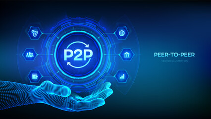 Peer to peer icon in wireframe hand. P2P payment and online model for support or transfer money. Peer-To-Peer technology concept on virtual screen. Vector illustration.