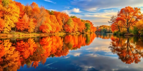Fototapeta premium Vibrant orange hues reflect off calm river waters as autumn leaves float by, river, scenery, river, scenery, orange