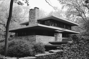Stone House nestled in a wooded landscape