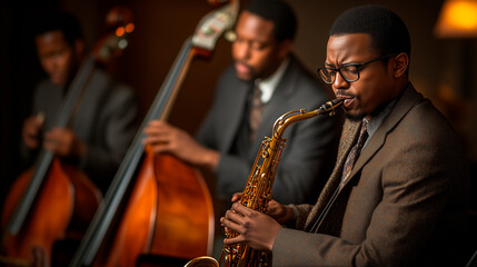 Fototapeta premium Jazz musicians playing saxophone and double bass