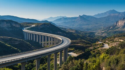 Highway viaduct winding through mountainous landscape