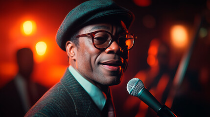 Charismatic jazz singer performing live on stage during international jazz day