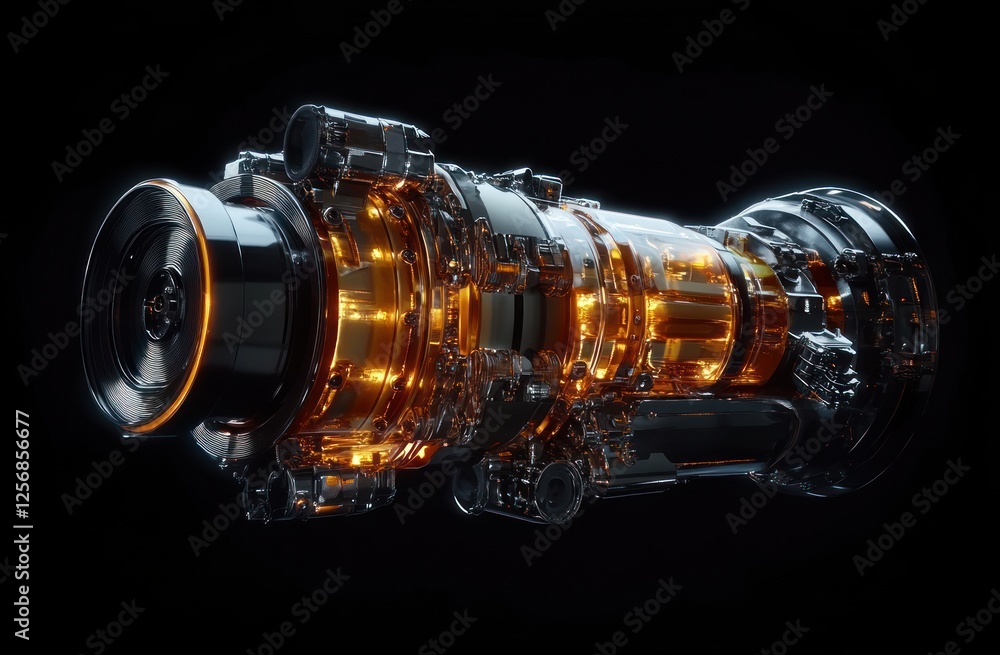 Poster hyper-realistic engine assembly with intricate metal details and spotlighting