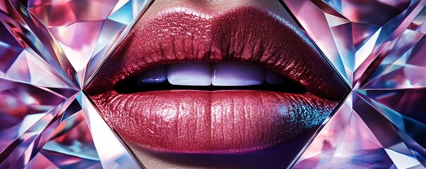 Woman with red lips showing teeth surrounded by diamonds