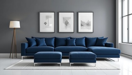 Modern Living Room Interior Design with Blue Sectional Sofa and Abstract Art