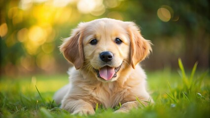 A golden retriever puppy with a fluffy coat and big round eyes is lying on its side in the grass, tongue out and ears relaxed, golden retriever, happy dog