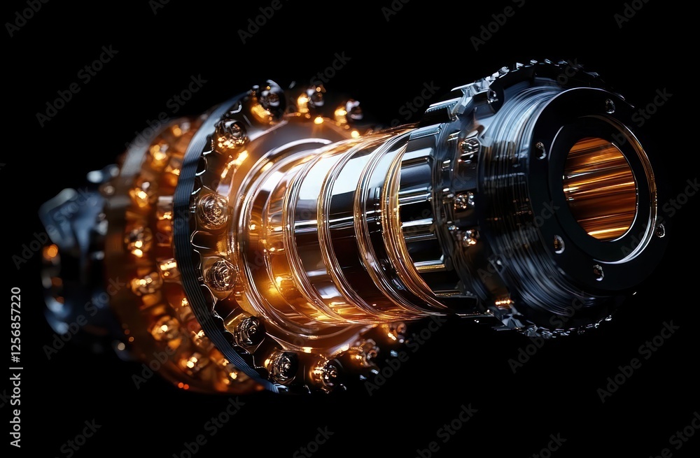 Poster hyper-realistic mechanical engine part rendering with polished metallic finish