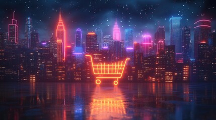 Neon-lit shopping cart in a vibrant city skyline at night with reflections on wet pavement
