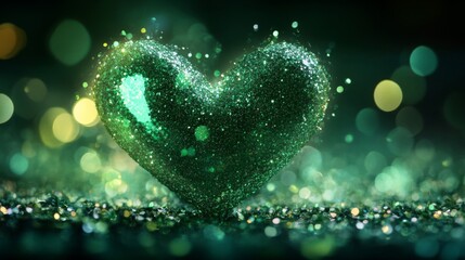 Fototapeta premium Green Glitter Heart Sparkles Dark Background