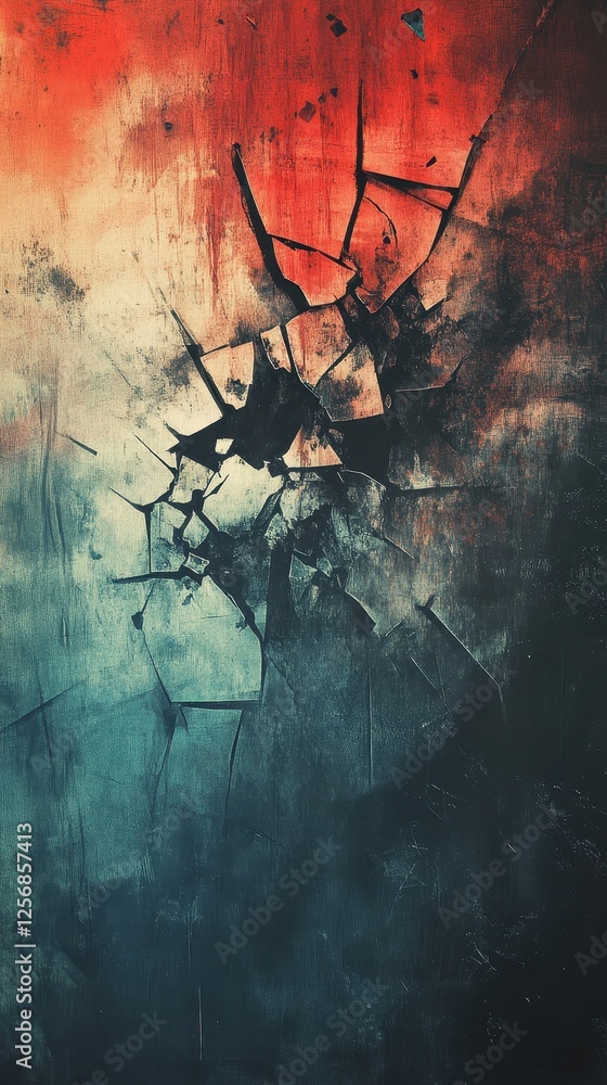 Poster abstract painting with broken glass and a gradient color scheme