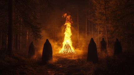 Walpurgis Night, A big bonfire is burning brightly in the middle of a dark forest on Walpurgis night, with silhouettes of people wearing robes and masks, Ai generated images