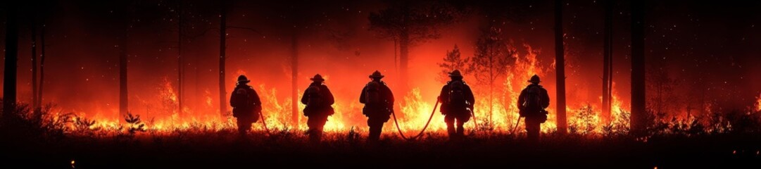 Obraz premium Dramatic Image of Firefighters Battling Intense Forest Fire. Generative AI