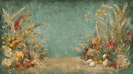 Autumn harvest bounty, textured background, fall floral arrangement, rustic design, ideal for seasonal greetings