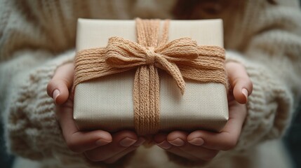 Gift Box Wrapped with Ribbon Held by Delicate Hands in Top View