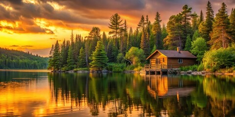 Fototapeta premium Cabin on a lake in Algonquin Provincial Park at sunset with a warm orange glow, surrounded by lush greenery and tall trees