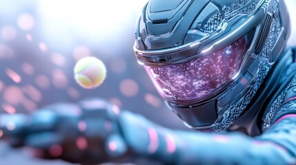 Futuristic tennis player with a high-tech helmet and virtual reality elements. Generative AI