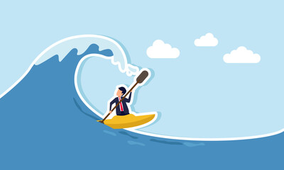 A businessman paddles a canoe through massive ocean waves, illustration of efforts to save a business from a major economic crisis