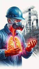 Industrial worker evaluating lung health amidst pollution factory environment graphic illustration